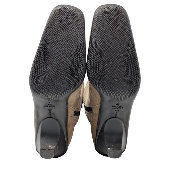 Prada Tan Suede Knee High Boots 37.5 Made in Italy Buckle Detail Heeled Luxury - Picture 8 of 11